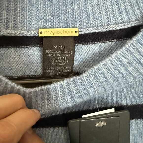 Magaschoni 100% Cashmere Sweater Medium Preppy Blue Striped Womens Crew Neck New - Picture 5 of 9